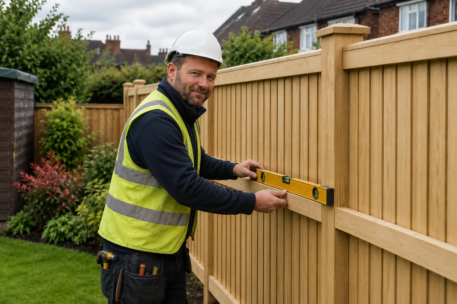 Fencing contractor working on a timber garden fence