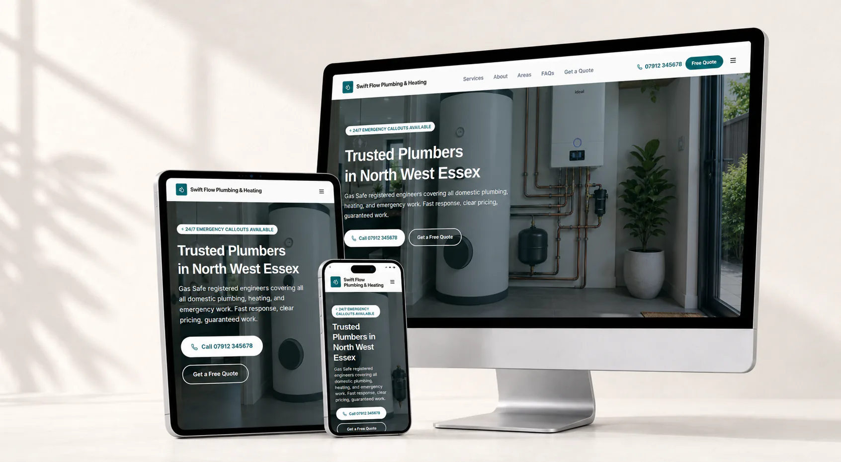 Responsive plumber website mockups shown on modern devices